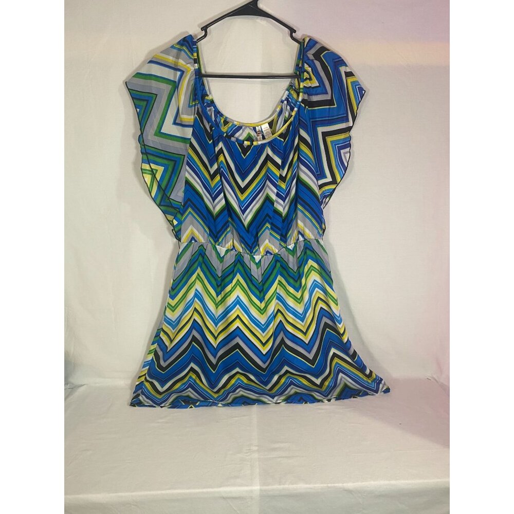 6 Degrees Women Chevron Geometric Flutter Sleeve Elastic Waist Mini Dress Large
